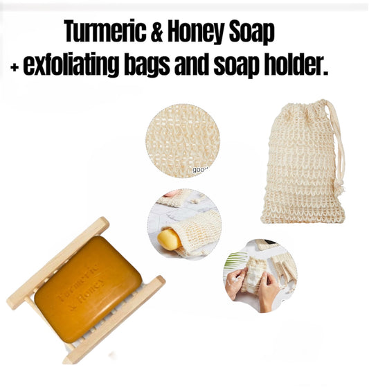 Turmeric and Honey soap+ exfoliating bag and soap holder